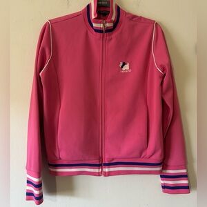 Pink Bomber Jacket with Striped Cuffs and Cute White Dog